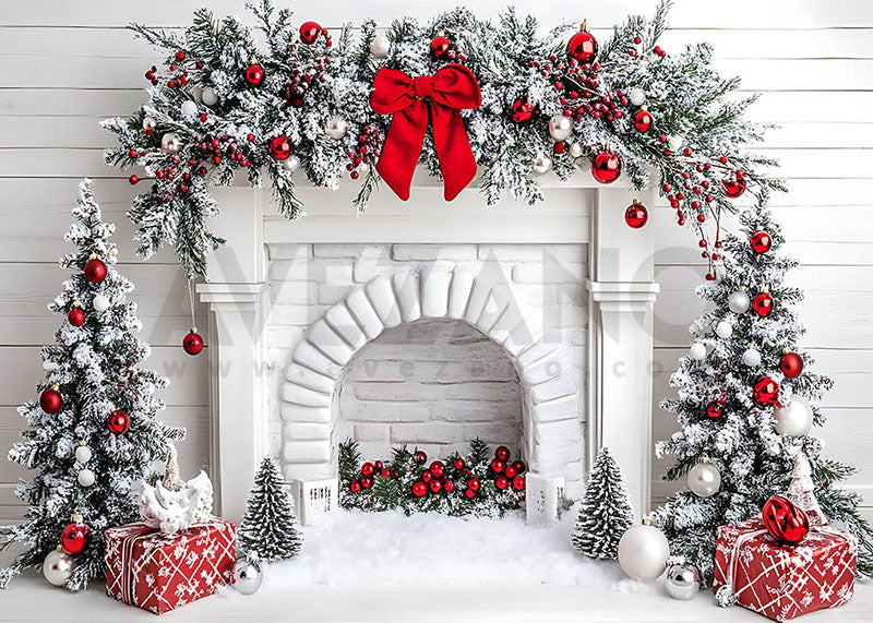 Avezano White Fireplace and Red Bow Photography Backdrop