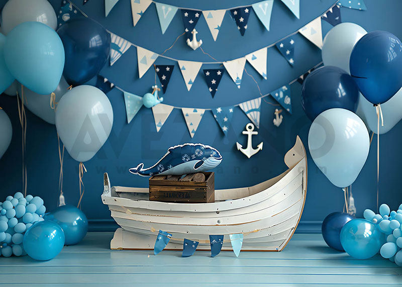 Avezano White Wooden Boat and Balloon Cakesmash Party Photography Background