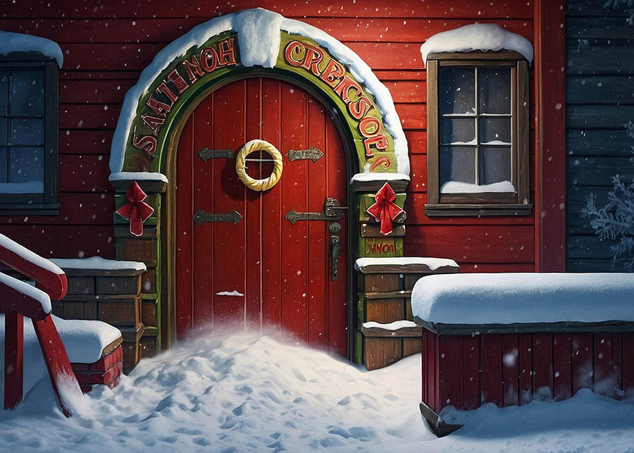 Avezano Christmas Snow Red House and Door Photography Backdrop