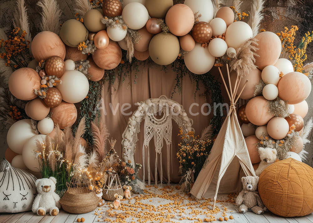 Avezano Brown Balloon Arch with Bohemian Theme Photography Background