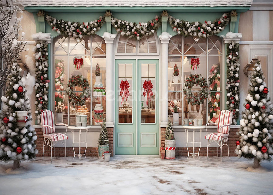 Avezano Winter Snow and Christmas Shops Photography Backdrop