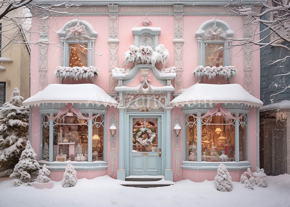 Avezano Winter Snow Pink House and Blue Door Photography Backdrop