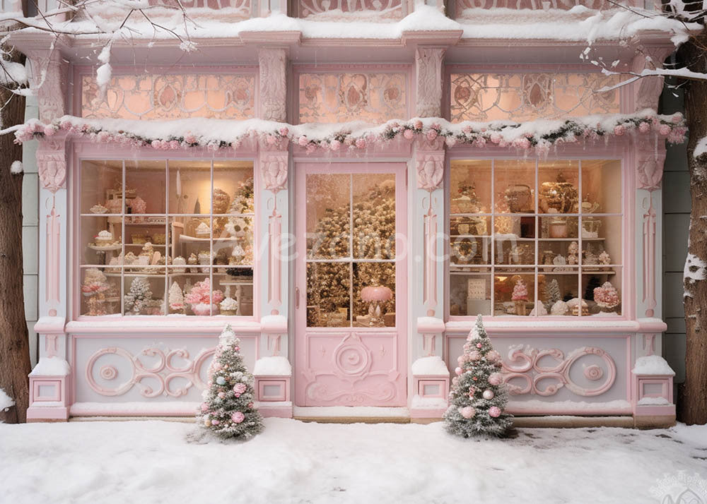 Avezano Snow Pink House Christmas Shop Photography Backdrop