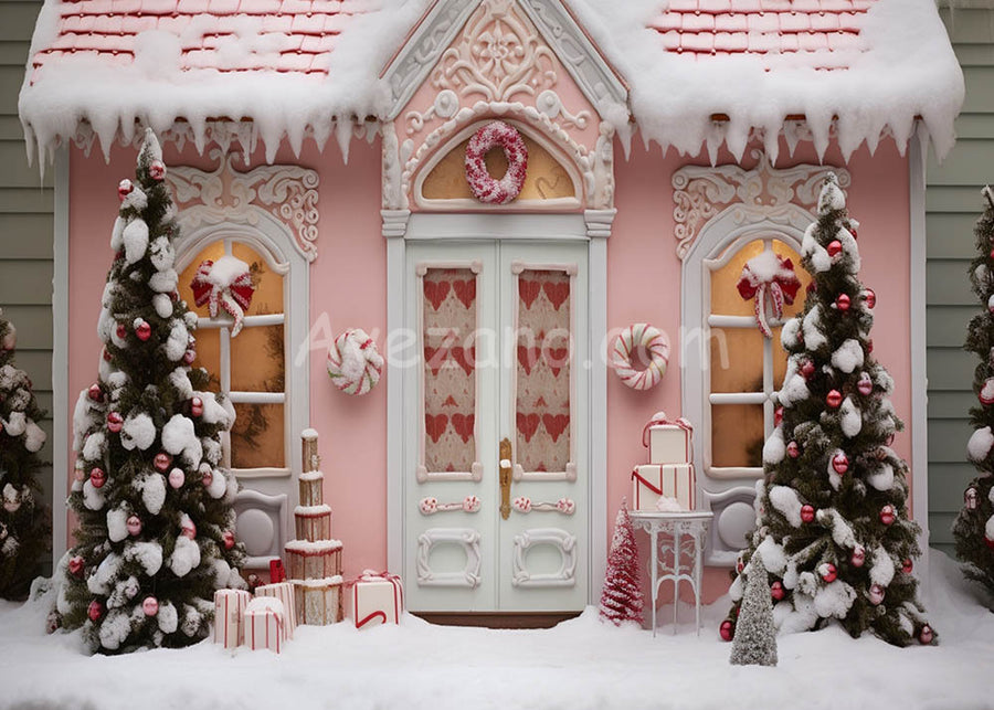 Avezano Snowy Christmas Tree and Pink House Photography Backdrop