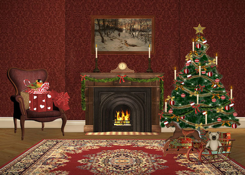 Avezano Christmas Vintage Red Walls and Fireplace Photography Backdrop