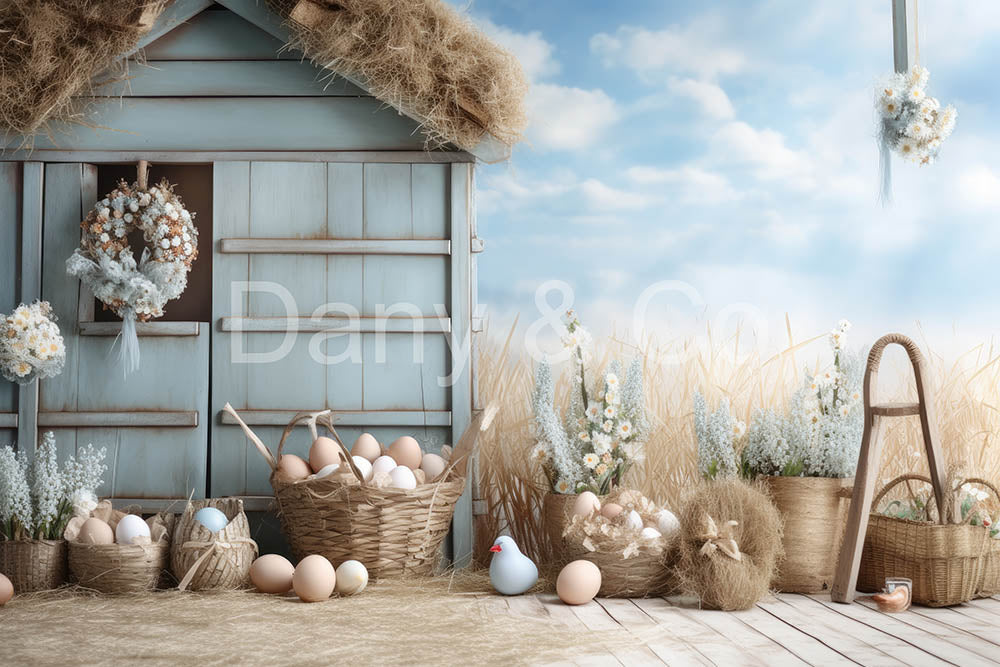 Avezano Easter Blue Wooden House Backdrop Designed By Danyelle Pinnington