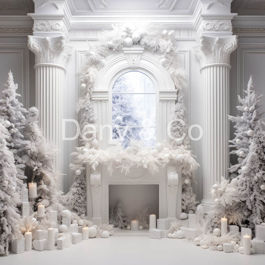 Avezano White Fireplace Christmas tree Digital Backdrop Designed By Elegant Dreams