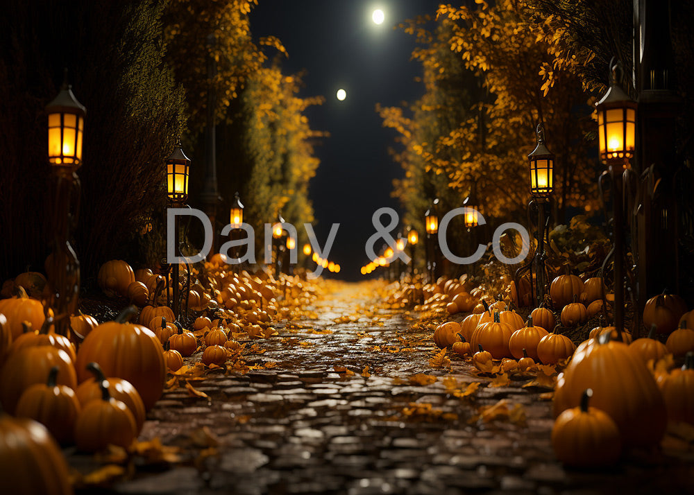 Avezano Autumn Pumpkin Road and Night Lights Backdrop Designed By Danyelle Pinnington