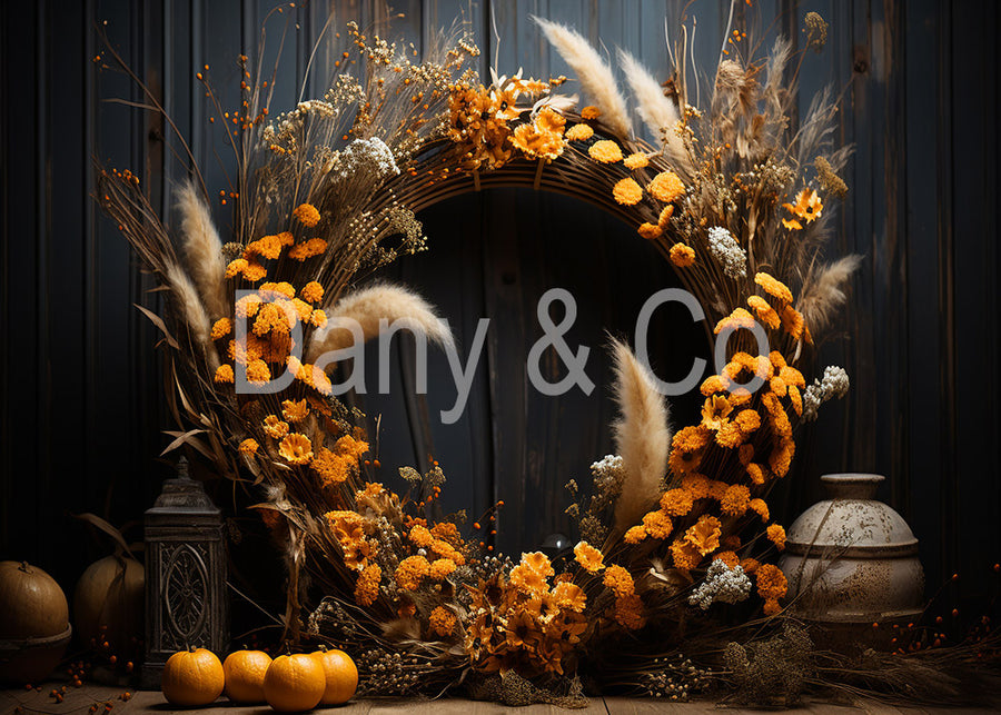 Avezano Autumn Pumpkin and Yellow Flowers Bohemia Backdrop Designed By Danyelle Pinnington