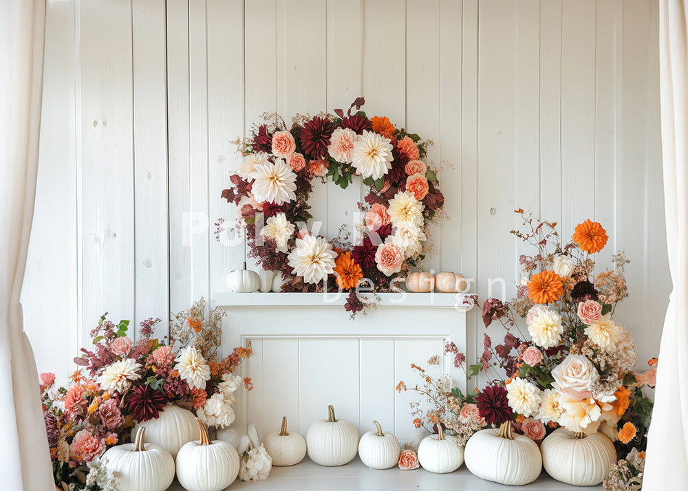 Avezano White Pumpkins and Flowers Photography Backdrop Designed By Polly Ro Design