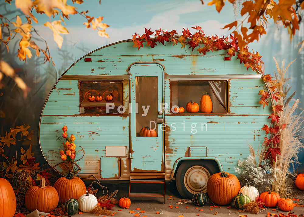 Avezano Autumn RV Decorated with Pumpkins and Maple Leaves Photography Backdrop Designed By Polly Ro Design