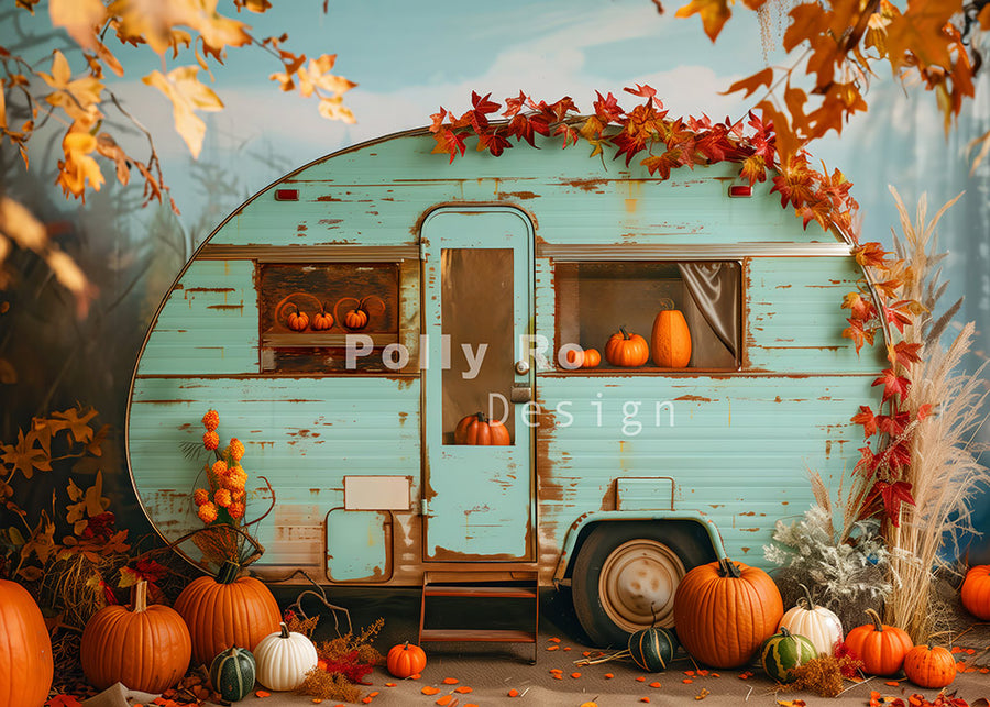 Avezano Autumn RV Decorated with Pumpkins and Maple Leaves Photography Backdrop Designed By Polly Ro Design