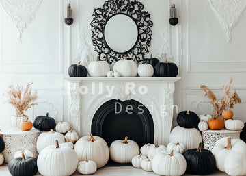 Avezano Black and White Pumpkin Fireplace Photography Backdrop Designed By Polly Ro Design