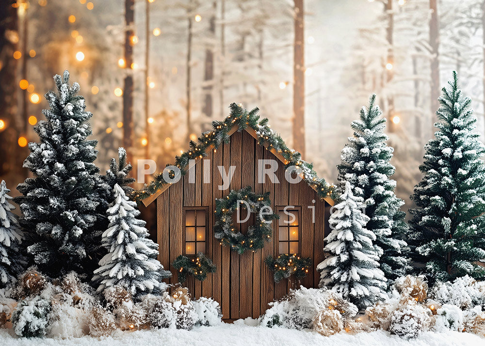 Avezano Christmas Cabin and Pine Trees Photography Backdrop Designed By Polly Ro Design