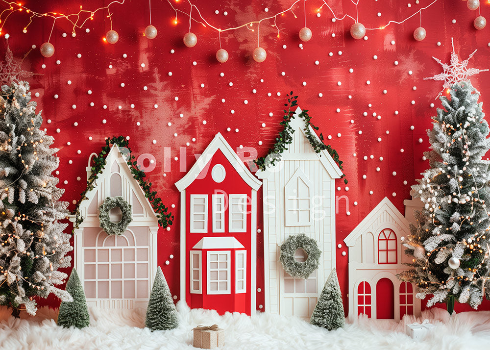 Avezano Red Christmas Walls and House Photography Backdrop Designed By Polly Ro Design