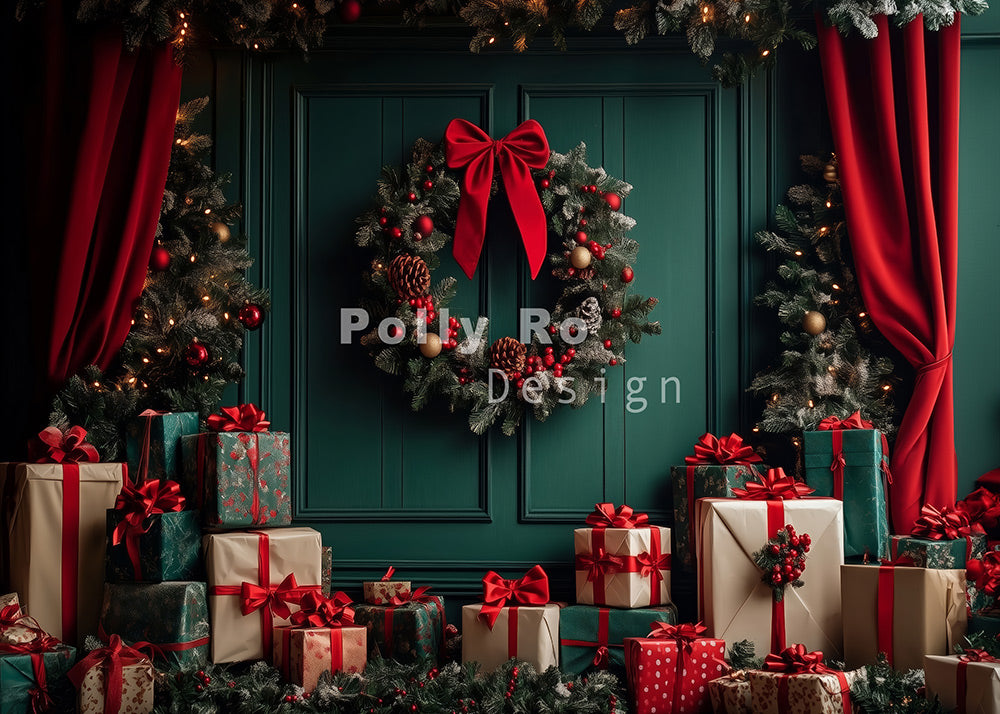 Avezano Green Walls and Christmas Presents Photography Backdrop Designed By Polly Ro Design