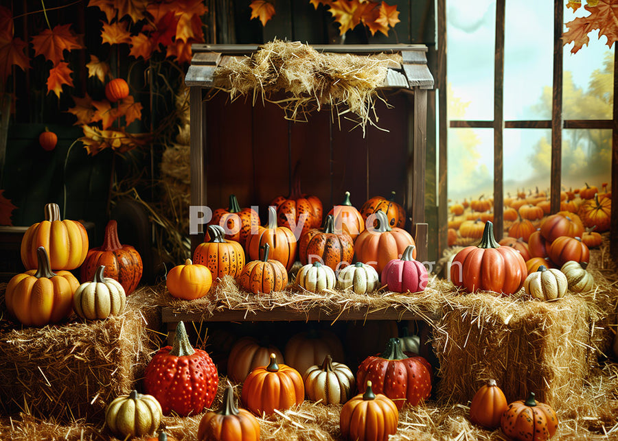 Avezano Autumn Pumpkins and Straw Photography Backdrop Designed By Polly Ro Design