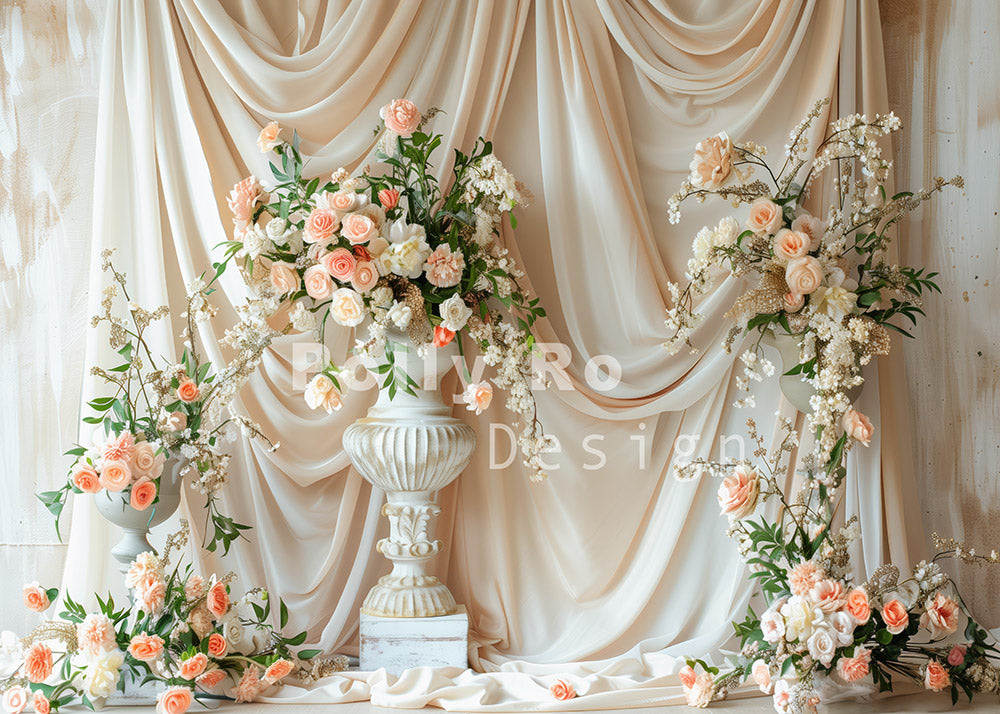 Avezano Spring White Gauze and Roses Photography Backdrop Designed By Polly Ro Design