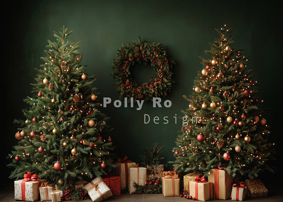 Avezano Two Christmas Trees and Wreaths Photography Backdrop Designed By Polly Ro Design