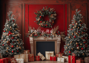 Avezano Vintage Red Walls and Christmas Tree Photography Backdrop Designed By Polly Ro Design