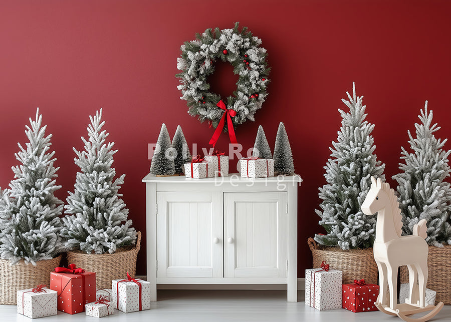 Avezano Little Green Christmas Tree and Red Wall Photography Backdrop Designed By Polly Ro Design