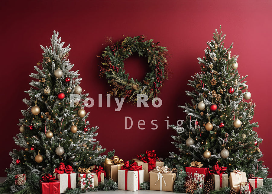 Avezano Christmas Tree and Red Wall Photography Backdrop Designed By Polly Ro Design