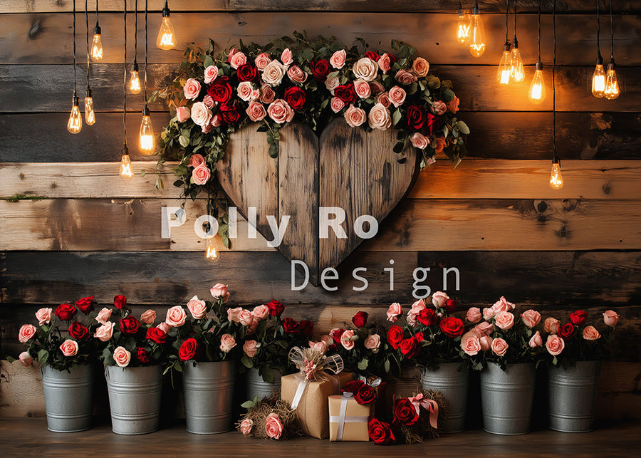 Avezano Valentine's Day Lights and Wood Roses Backdrop Designed By Polly Ro Design