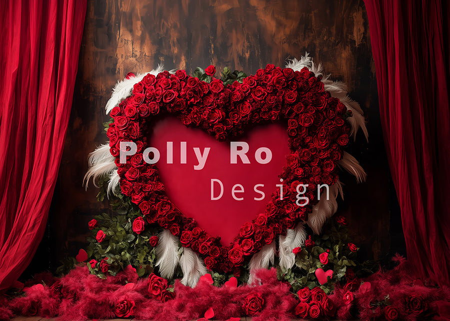 Avezano Valentine's Day Love Roses and Red Curtains Backdrop Designed By Polly Ro Design