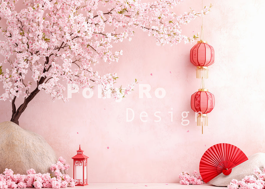 Avezano Cherry Blossoms and Red lanterns Photography Backdrop Designed By Polly Ro Design