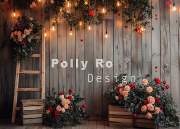 Avezano Valentine's Day Roses and Wooden Walls Photography Backdrop Designed By Polly Ro Design