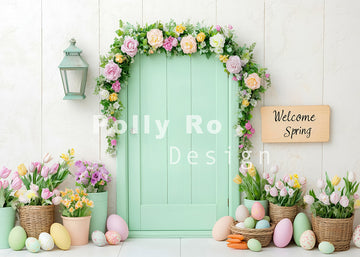 Avezano Spring Easter Green Doors and Flowers Photography Backdrop Designed By Polly Ro Design