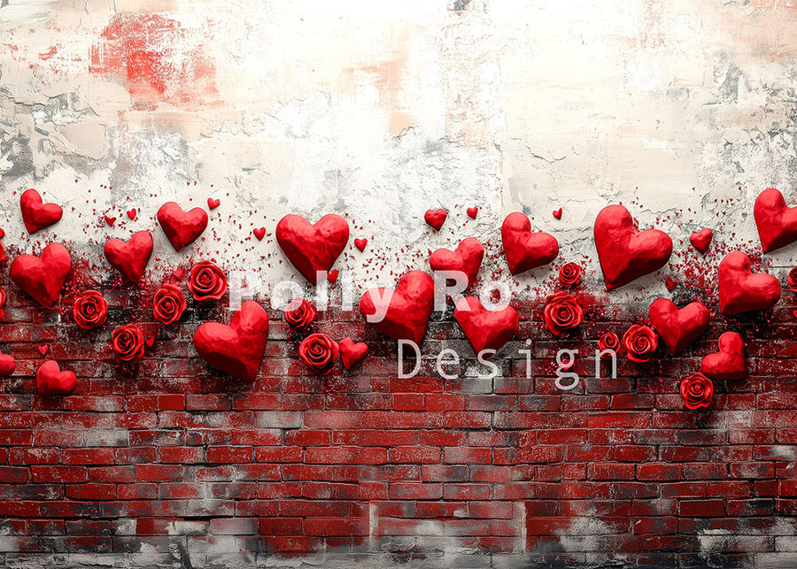 Avezano Valentine's Day Red Brick Walls and Red Hearts Photography Backdrop Designed By Polly Ro Design