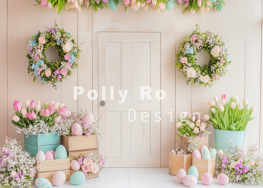 Avezano Easter Beige Wooden Doors and Wreaths Photography Backdrop Designed By Polly Ro Design