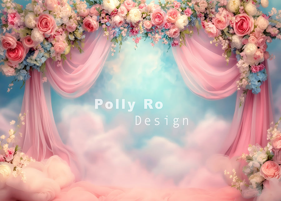 Avezano Spring Pink Rose Window Screens and Clouds Photography Backdrop Designed By Polly Ro Design