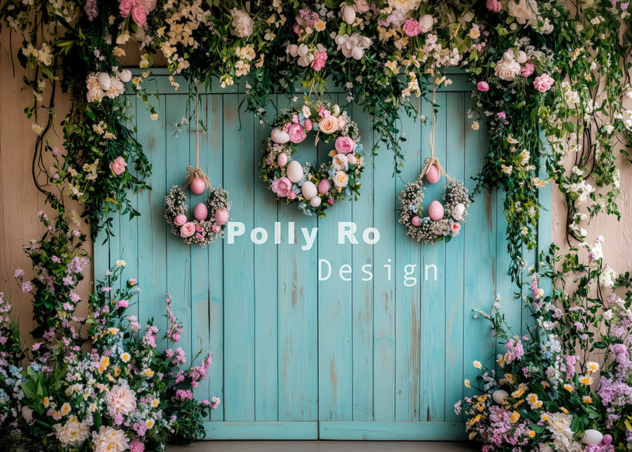 Avezano Easter Blue Wooden Doors and Flowers Photography Backdrop Designed By Polly Ro Design