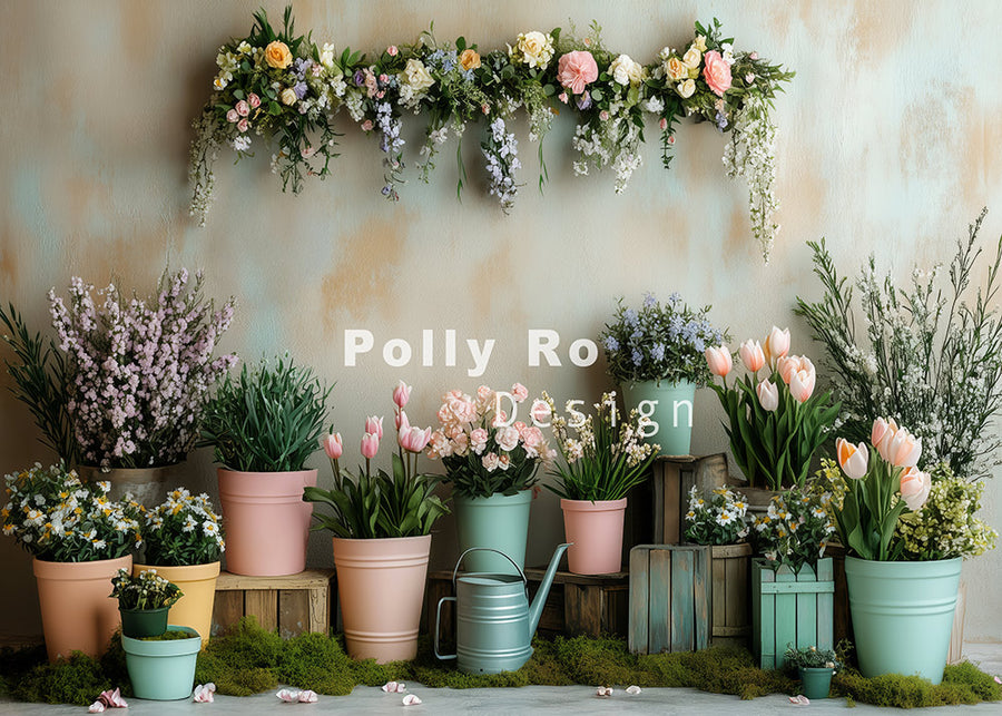 Avezano Potted Tulip Flowers in Spring Photography Backdrop Designed By Polly Ro Design