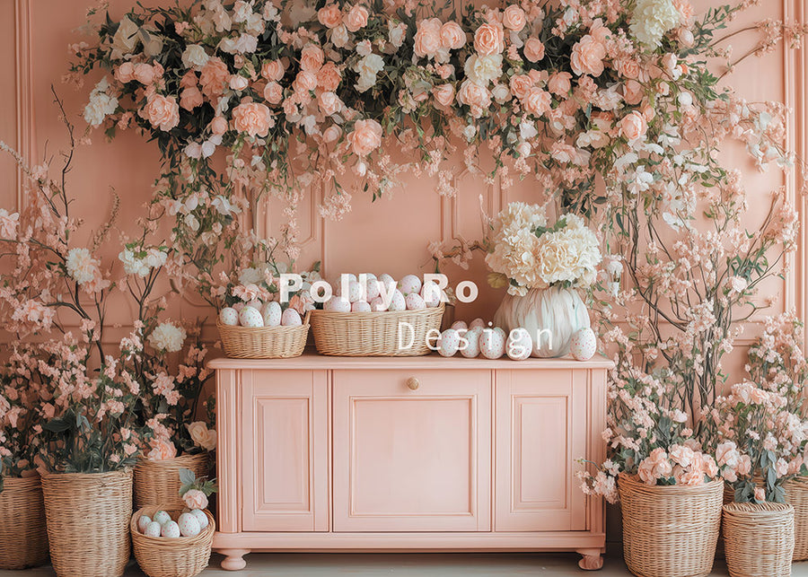 Avezano Easter Pink Cabinet and Flowers Photography Backdrop Designed By Polly Ro Design