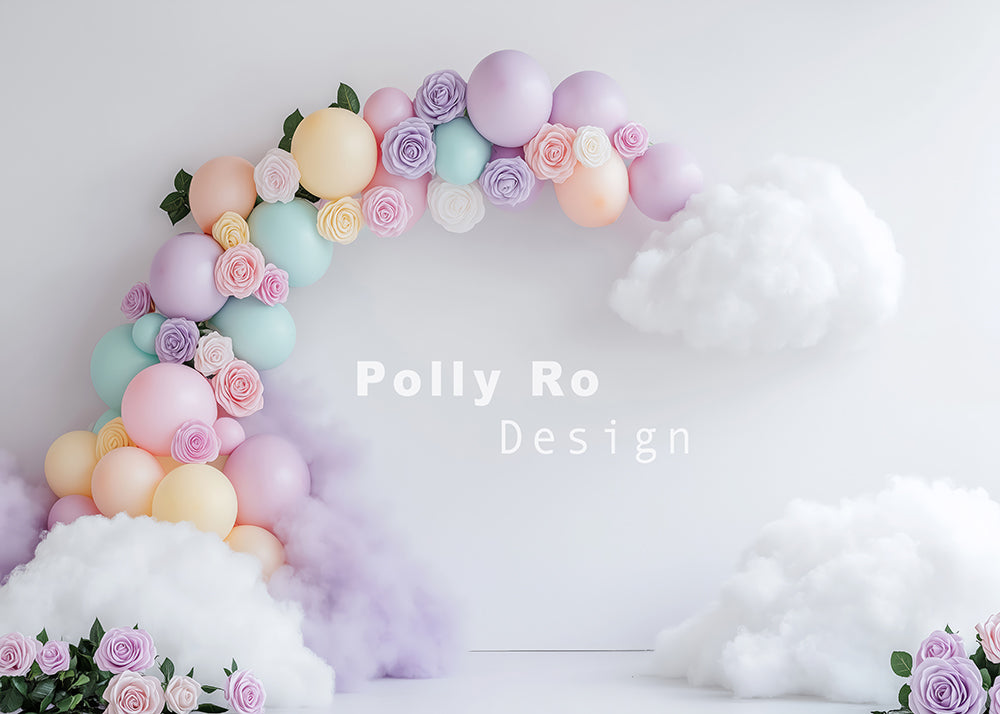 Avezano Purple Balloons and Clouds Photography Backdrop Designed By Polly Ro Design