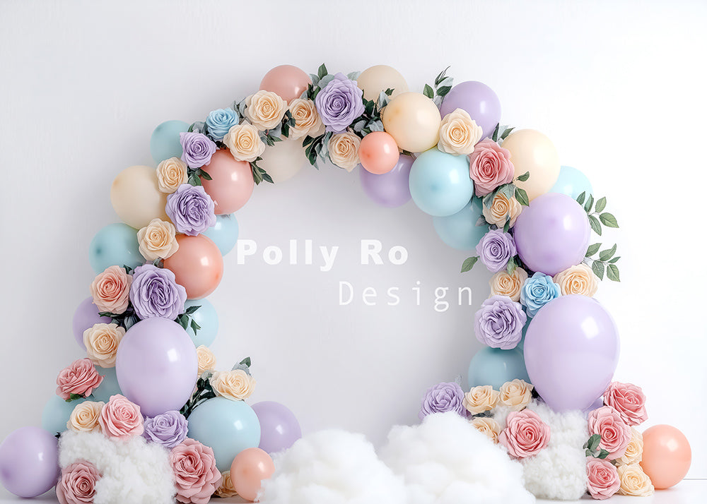 Avezano Purple Tied Flowers and Balloons Arch Photography Backdrop Designed By Polly Ro Design