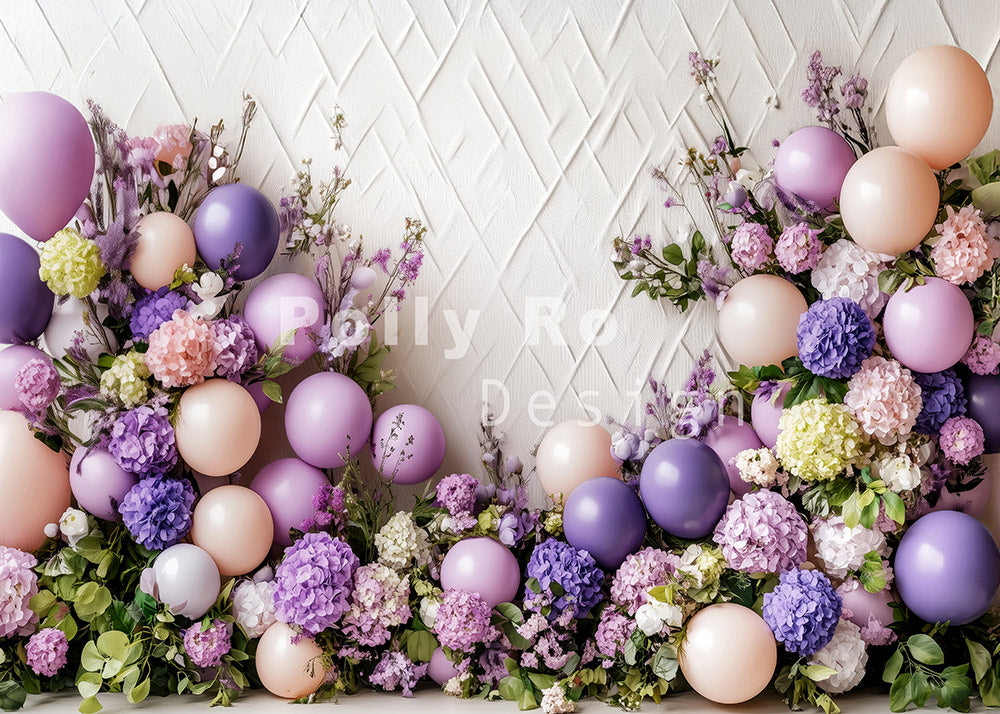 Avezano White Walls and Purple Balloons with Flowers Photography Backdrop Designed By Polly Ro Design