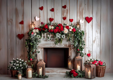 Avezano Valentine's Day Rose Fireplace Photography Backdrop Designed By Polly Ro Design