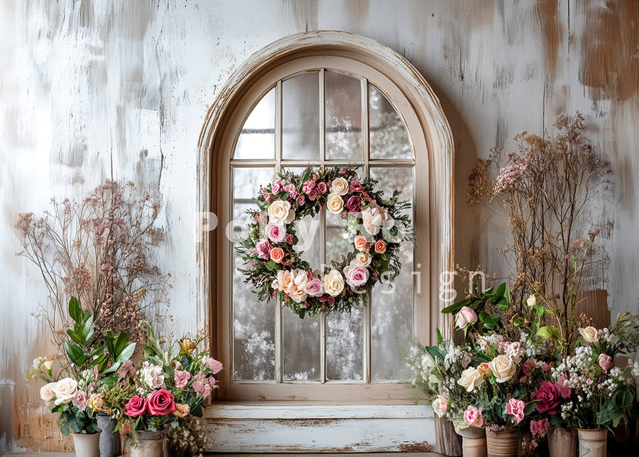 Avezano Spring Windows and Rose Wreaths Photography Backdrop Designed By Polly Ro Design