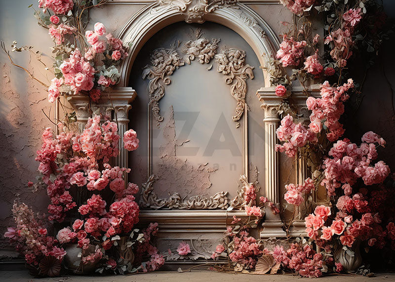 Avezano Spring Carved Walls and Pink Flowers Photography Backdrop