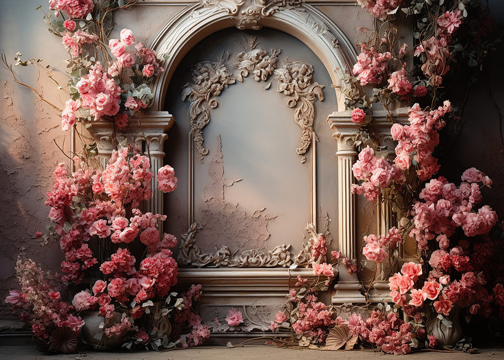 Avezano Spring  Carved Walls and Flowers Photography Backdrop Room Set