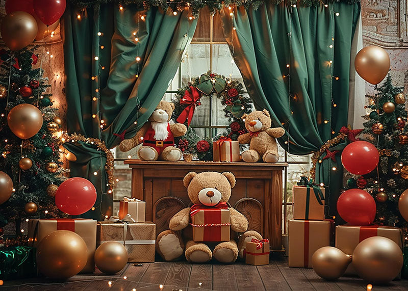 Avezano Christmas Bear Doll and Green Curtains Photography Backdrop