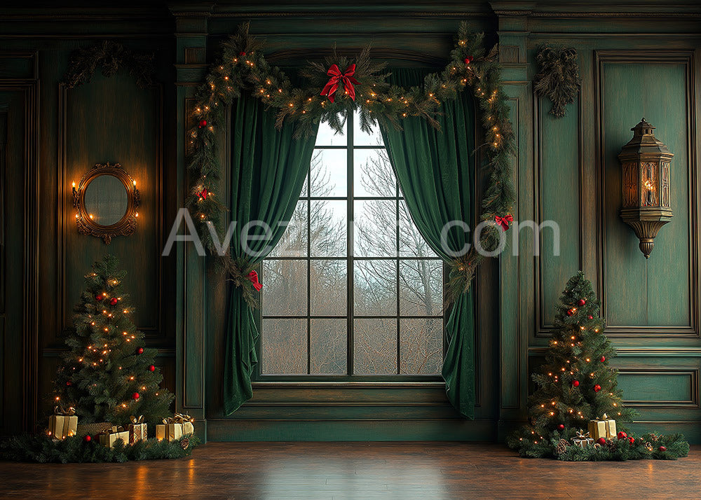 Avezano Christmas Green Curtains and Walls Photography Backdrop