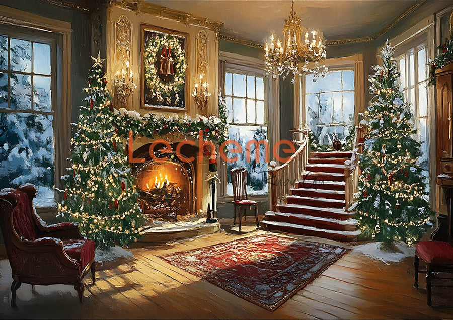 Avezano Christmas Living Room Stairs and Fireplace Photography Backdrop By Lecheme Ruby Gu