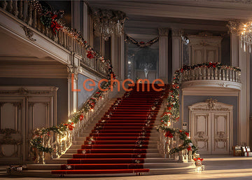 Avezano Christmas Red Stairs and Fireplace Photography Backdrop By Lecheme Ruby Gu