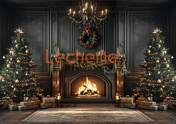 Avezano Vintage Black Walls and Christmas Fireplace Photography Backdrop By Lecheme Ruby Gu