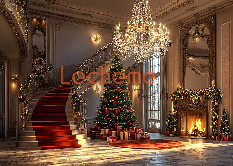 Avezano Vintage Black Walls and Christmas Fireplace Photography Backdrop By Lecheme Ruby Gu